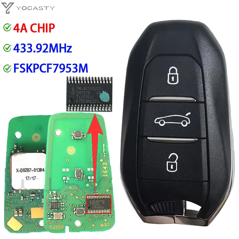 Clé de voiture intelligente YOCASTY 433 MHz 4A Chip3 à 3 boutons pour Peugeot 208 301 3008 5008 Traveler Expert Citroën C3 C4, clé de voiture sans clé
