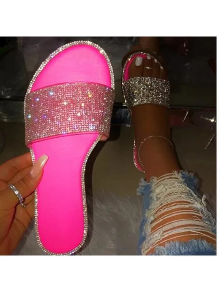 Sandales d'été scintillantes pour femmes, tongs plates à strass couleur bonbon, chaussures de plage tendance pour l'extérieur