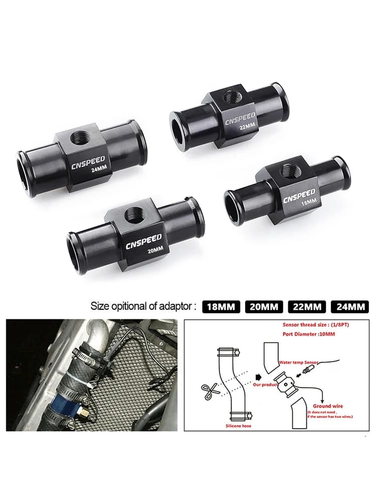 Adaptateur de raccord de tuyau de liquide de refroidissement noir pour capteur de température d'eau 1/8NPT 18mm 20mm 22mm 24mm