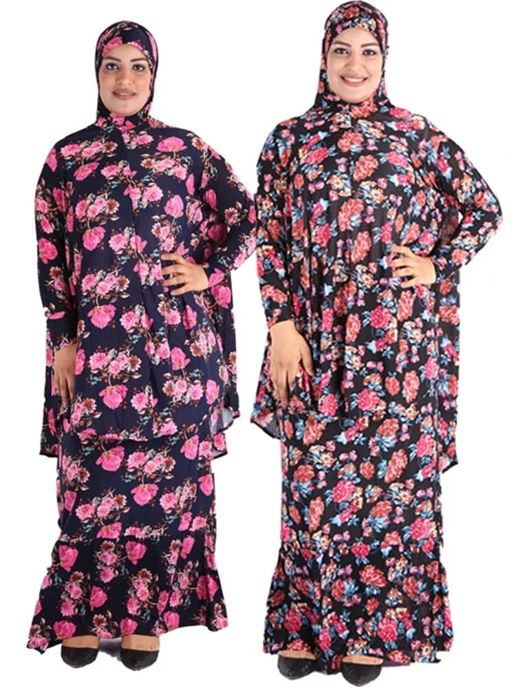 Vêtement de Prière pour Femme Musulmane, Ensemble de 2 Pièces, Longue Jupe Abaya, Hijab, Robes de Fleurs, Robe Maxi Islamique, Ramadan, Turquie, Eid