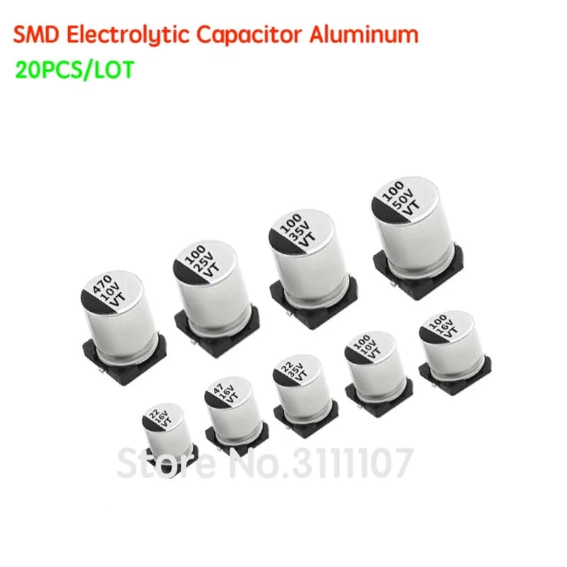 Condensateur électrolytique SMD en aluminium, 6.3V 10V 16V 25V 35V 50V 1UF 2.2UF 4.7UF 10UF 47UF 100UF 220UF 330UF 470UF 680UF, 20 pièces/lot