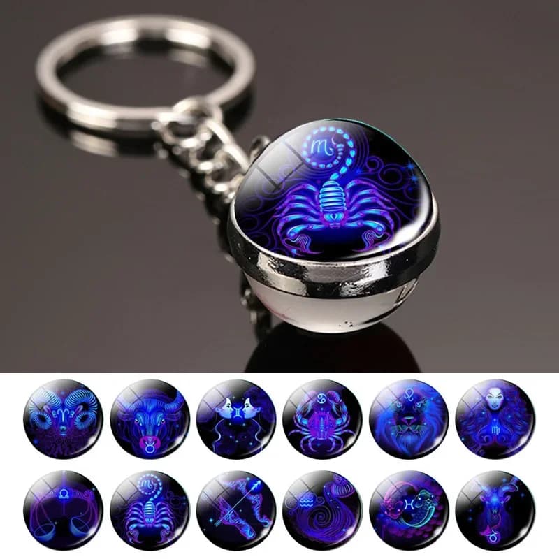 Porte-clés créatif 12 Constellation, pierre de temps, boule de verre Double face, pendentif en métal, accessoires, cadeau à la mode
