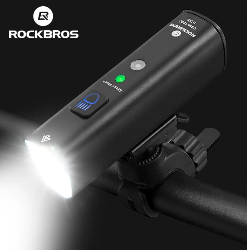 ROCKBROS-Lumière de vélo à détection de vibration intelligente, lampe de poche LED de type C, lampe avant VTT, 1000 lumens, 4000mAh, 5 modes