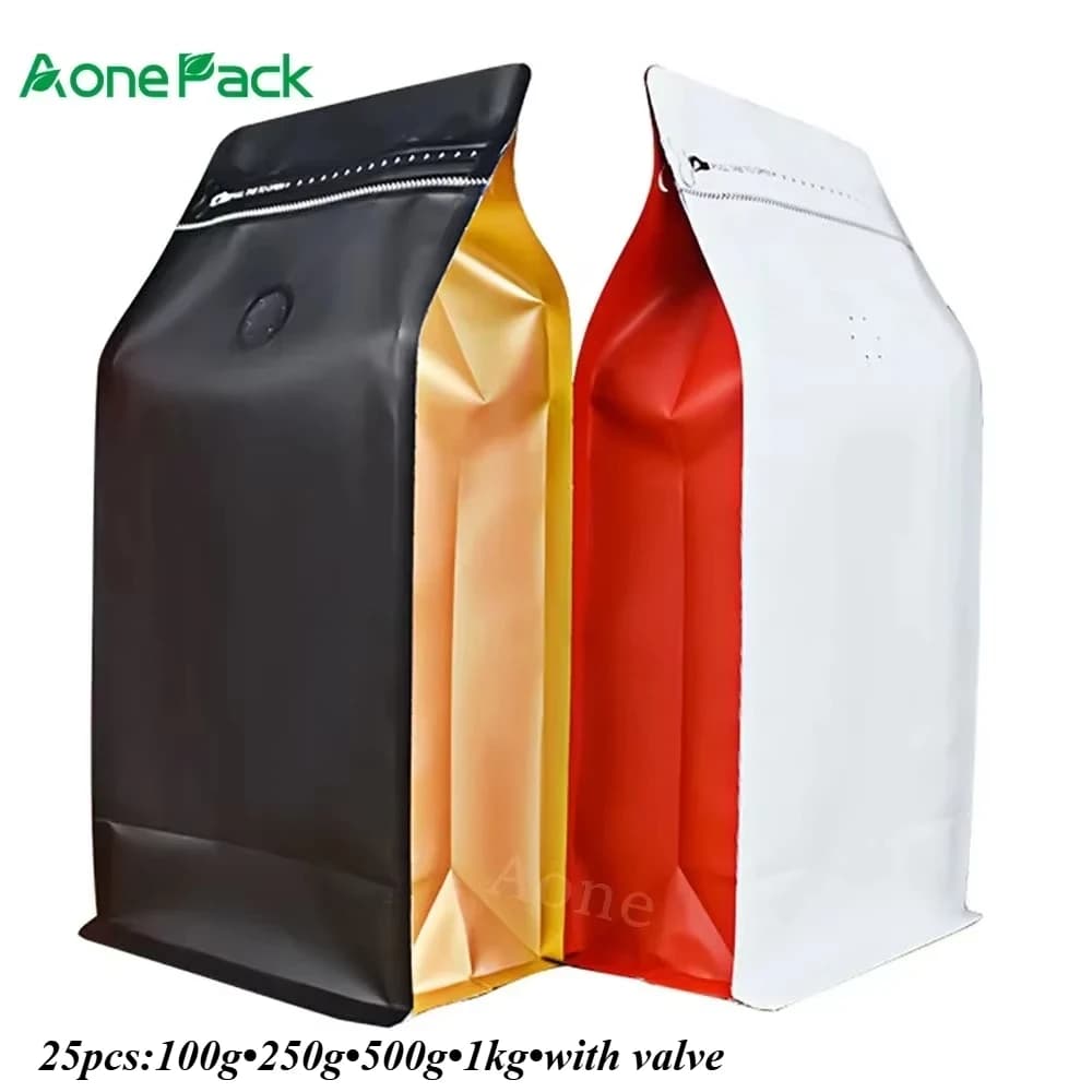 Sac d'emballage de grains de café torréfiés colorés, noir mat, blanc, avec Valve, fermeture éclair en T, 125g, 250g, 500g, 1kg, 25 pièces