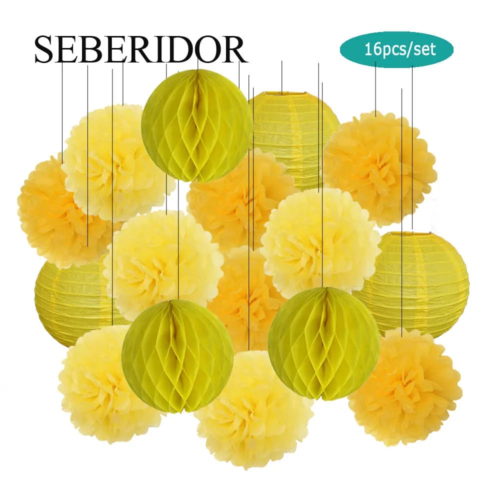 Lanterne Ronde Pliante en Papier Jaune pour Bébé Garçon et Fille, Décor de ixde 2e Anniversaire, Mariage, Baptême, Bricolage, Pompon en Tissu, Nid d'Abeille