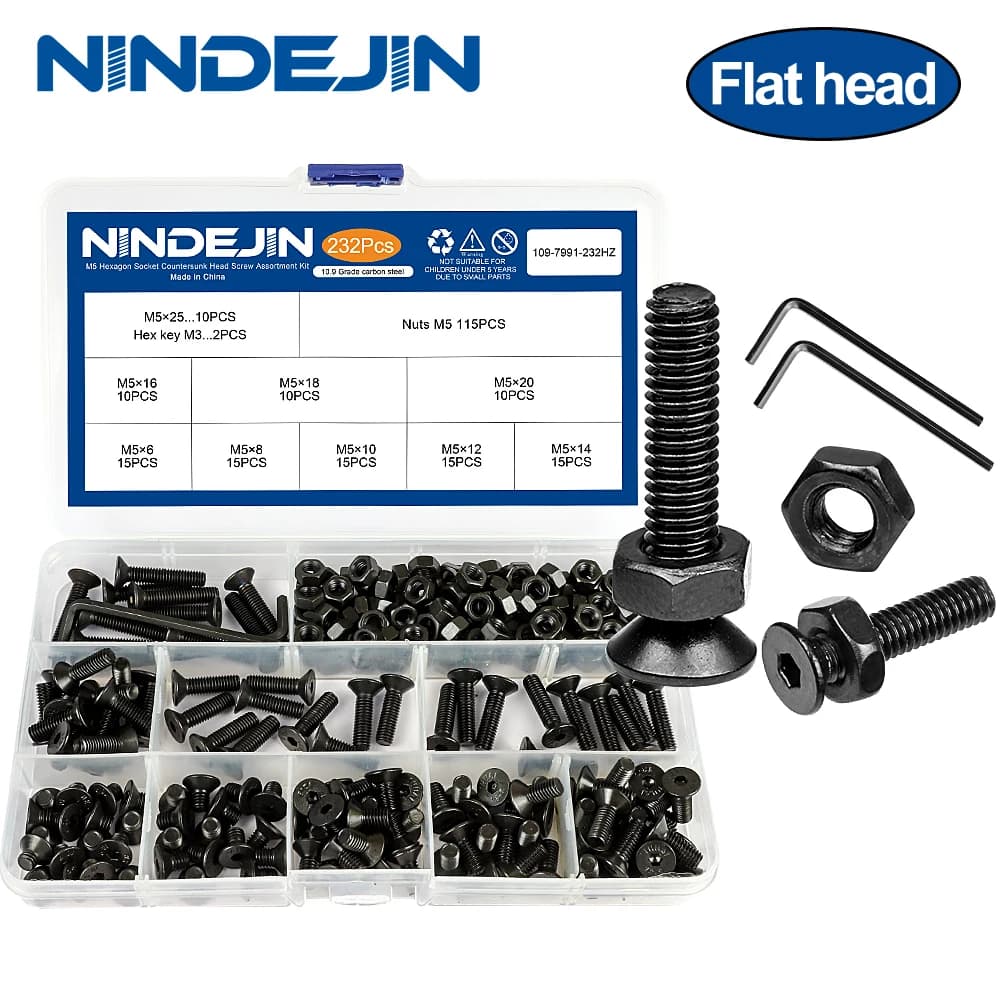 NINDEJIN-Kit de vis à tête fraisée à six pans creux, vis à tête plate en acier au carbone, jeu de boulons et d'1948, m2, m2.5, m3, m4, m5, m6