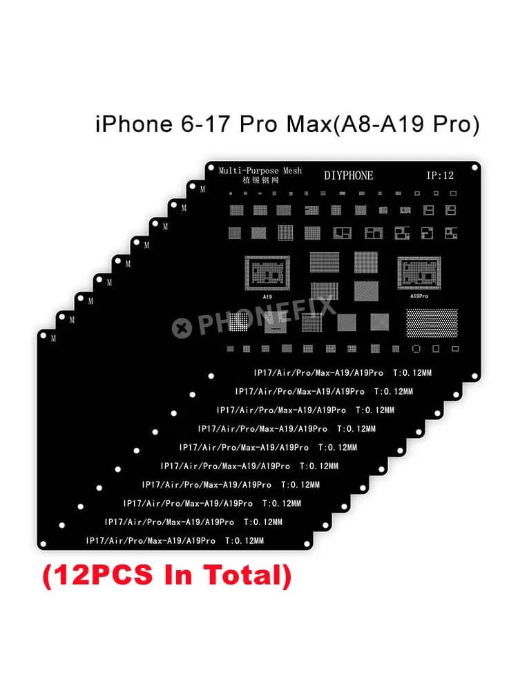 Kit de pochoirs de reballage DIYPHONE BGA pour iPhone 17 16 15 14 13 13mini 11 12 Pro Max, filet à souder en étain pour puce CPU IC en acier noir