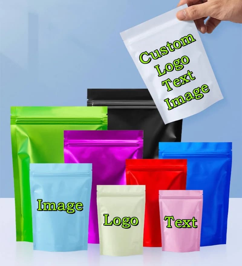 100 pièces de sachets refermables en aluminium mat, à poser, pour le thé matcha, le café, le sucre, les en-cas, les dattes, les épices, logo personnalisé, pochettes de rangement pour cadeaux