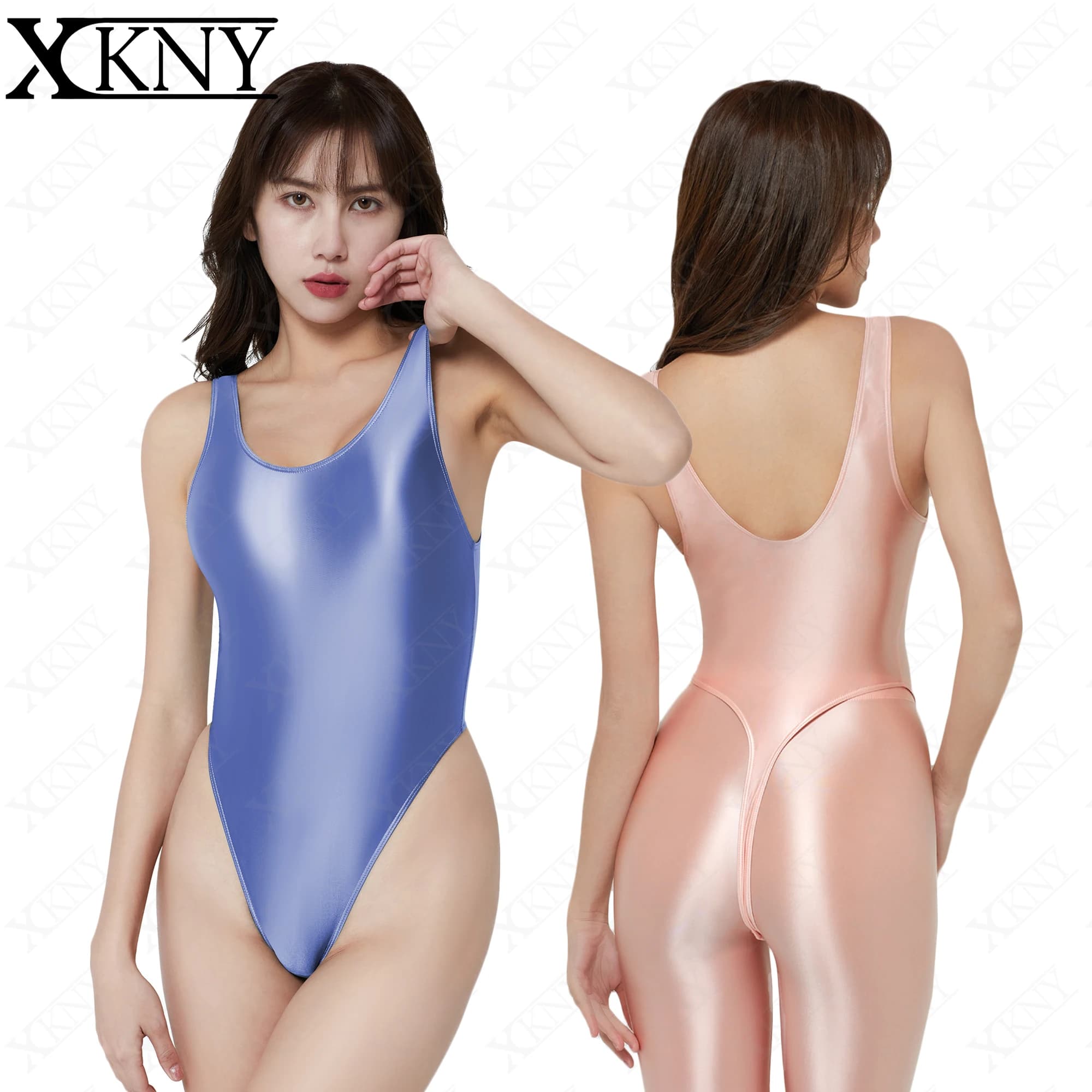 Maillot de bain XClocKNYoung en satin brillant, couvrant le ventre, maillot de bain string à découpe haute, maillot de bain effet huileux AMORESY