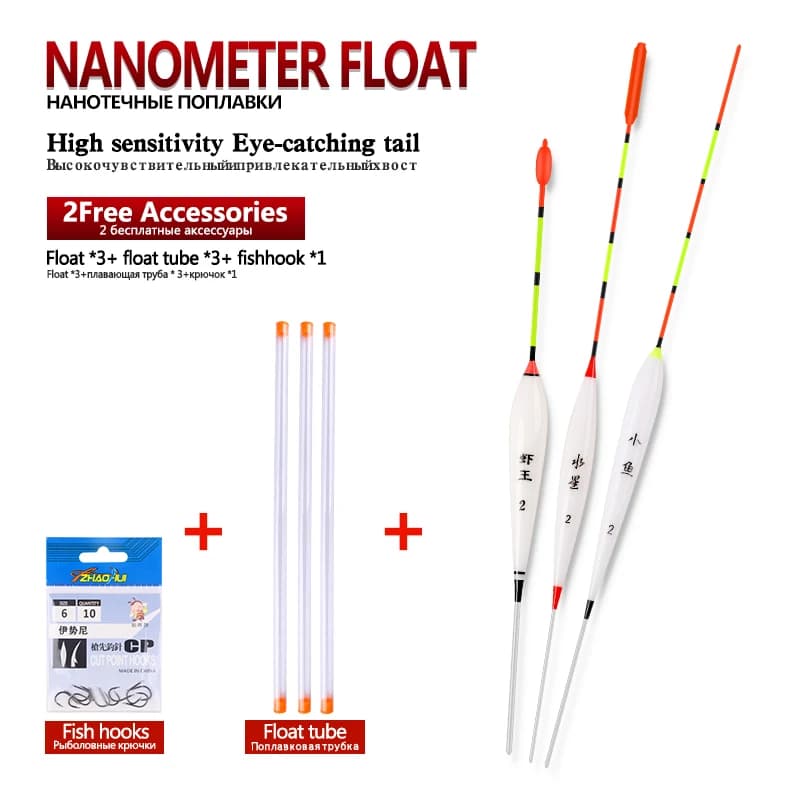 Flotteurs de pêche en composite, lot de 3 pièces + 3 tubes de flotteurs + 1 sac, hameçons, flotteur vertical pour rivière et lac