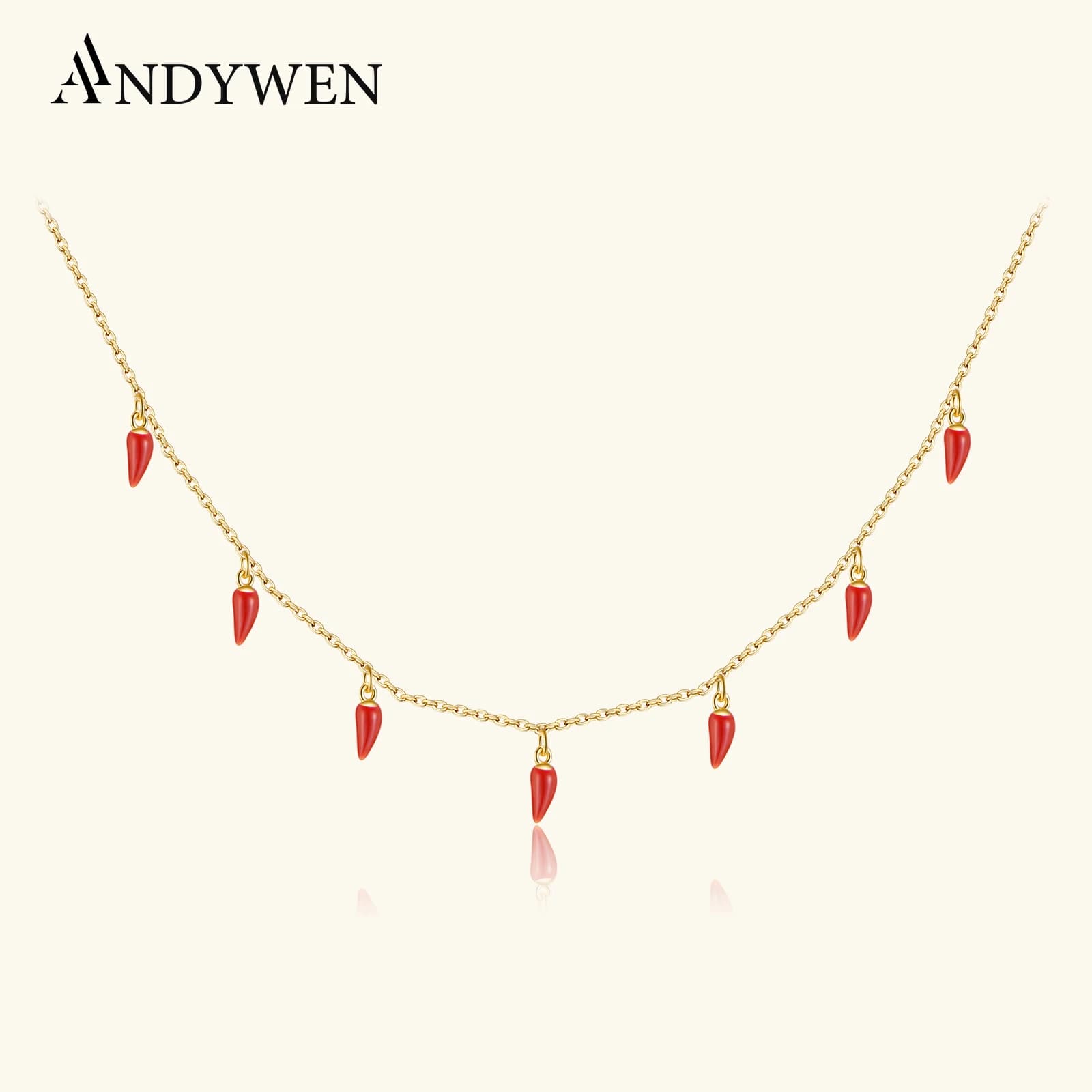 ANDYWEN Collier ras du cou en argent sterling 925 avec pendentif piment rouge doré 2021, chaîne longue, bijoux fins pour mariage, rock, punk, soirée