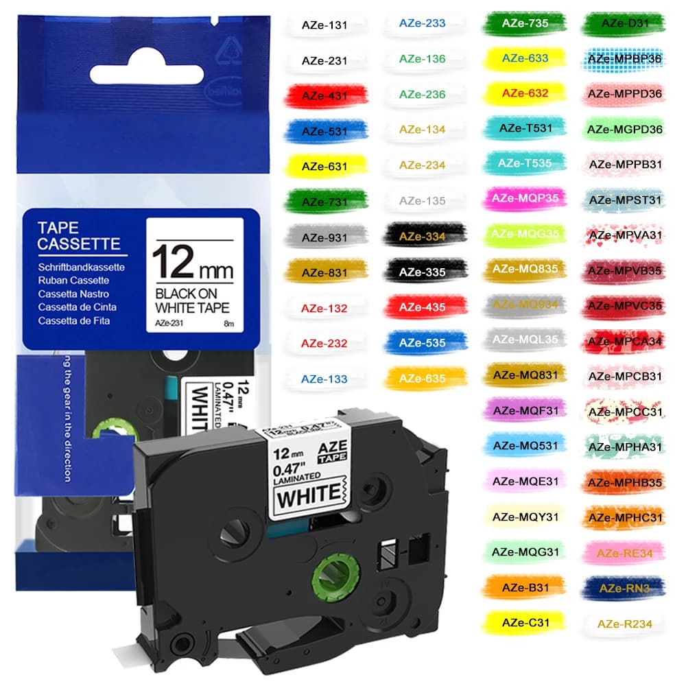 Ruban laminé TZe231 TZe131 TZe631 12mm, Compatible avec Brother Ptouch PTH110 PTD600 D200 PTP710BT E1000PRO, ruban pour étiqueteuse