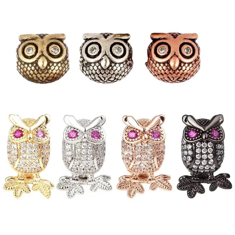Perle hibou 3D mignonne, perle micro pavée CZ / zircone cubique transparente, perles animales, breloques pour bracelet tendance Q5
