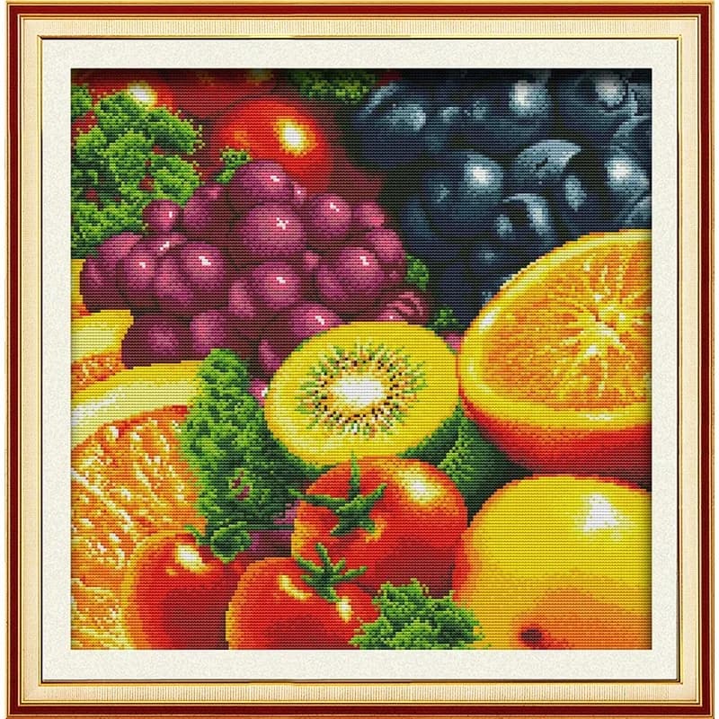 Kit de point de croix Fruits (2) | Fruits, reste, motifs imprimés DMC, couleur 18ct, 14ct, 11ct, broderie