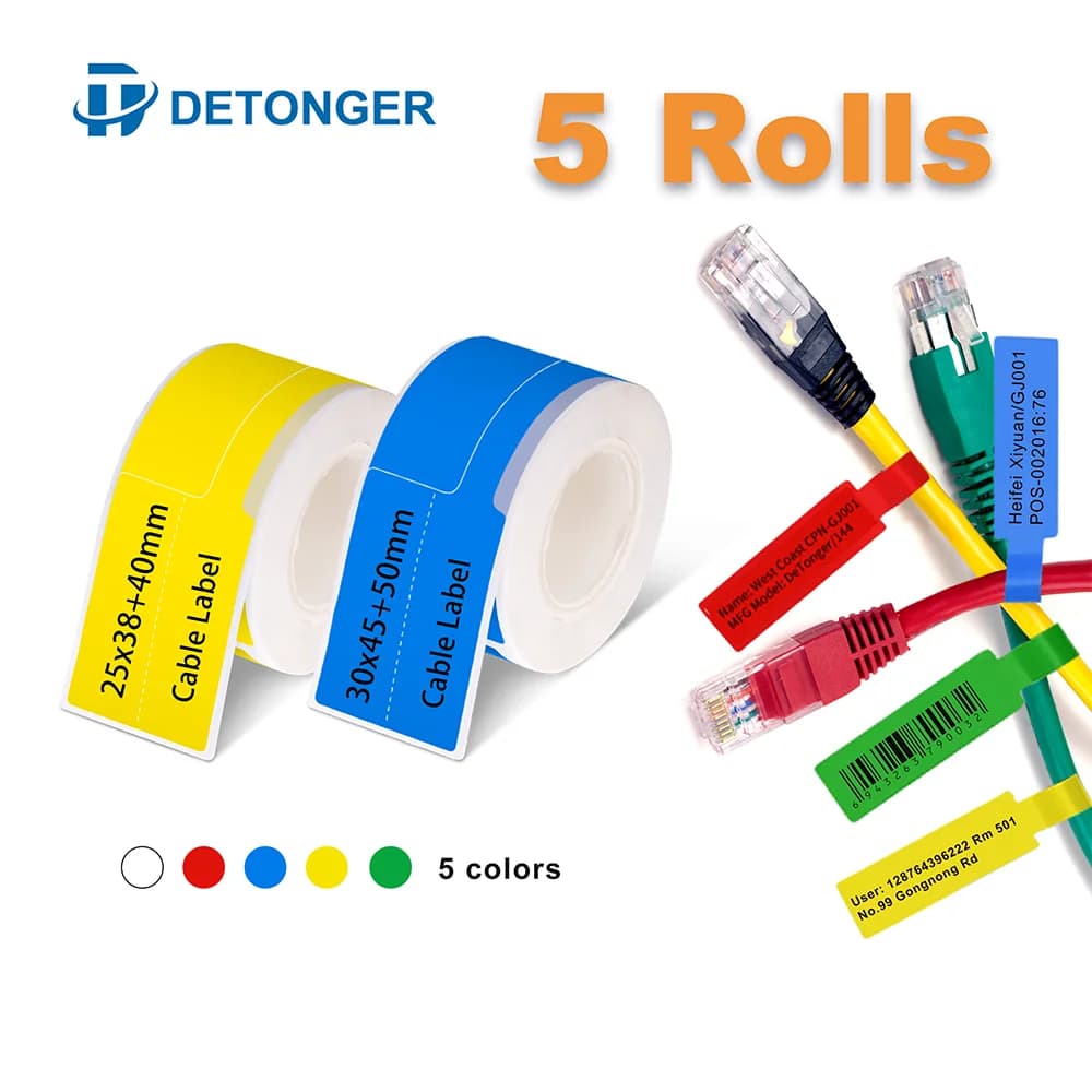 Étiquette thermique de câble pour imprimante Detonger DP23S/DP80/DP30, 5 rouleaux, étanche à l'huile, anti-rayures, anti-déchirure, autocollant adhésif