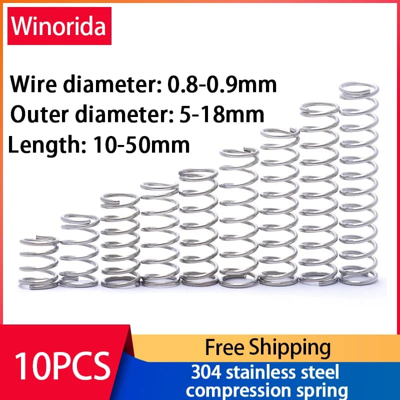Ressort de Compression en acier inoxydable 304, ressort de rappel, fil d'acier, diamètre 0.8 ~ 0.9mm, diamètre extérieur 5 ~ 18mm, 10 pièces