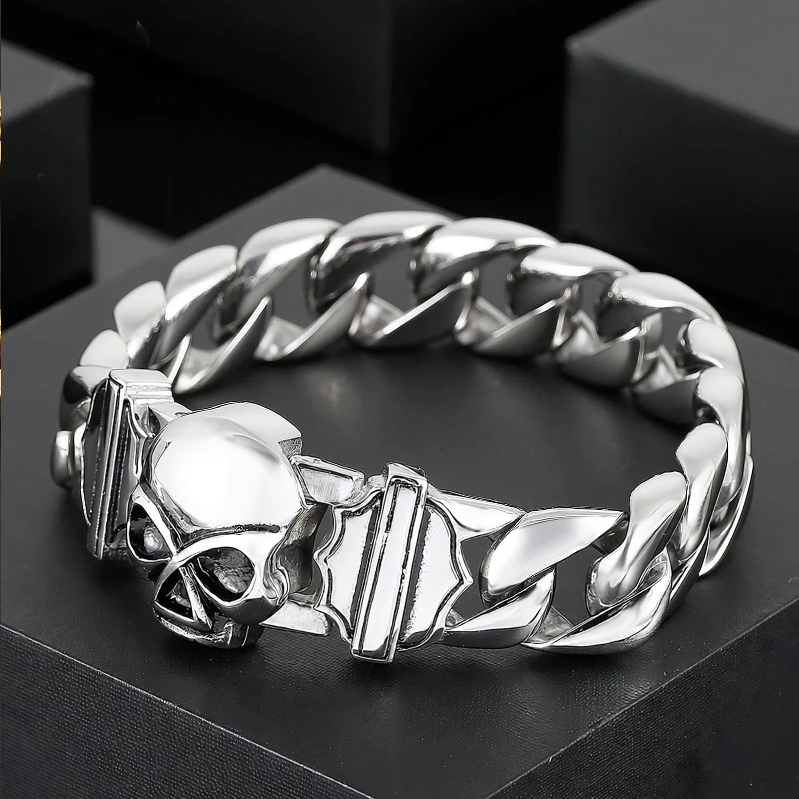 Fongten 22 cm crâne chaîne cubaine Bracelets pour hommes en acier inoxydable squelette gourmette hommes Bracelet gothique bijoux de noël