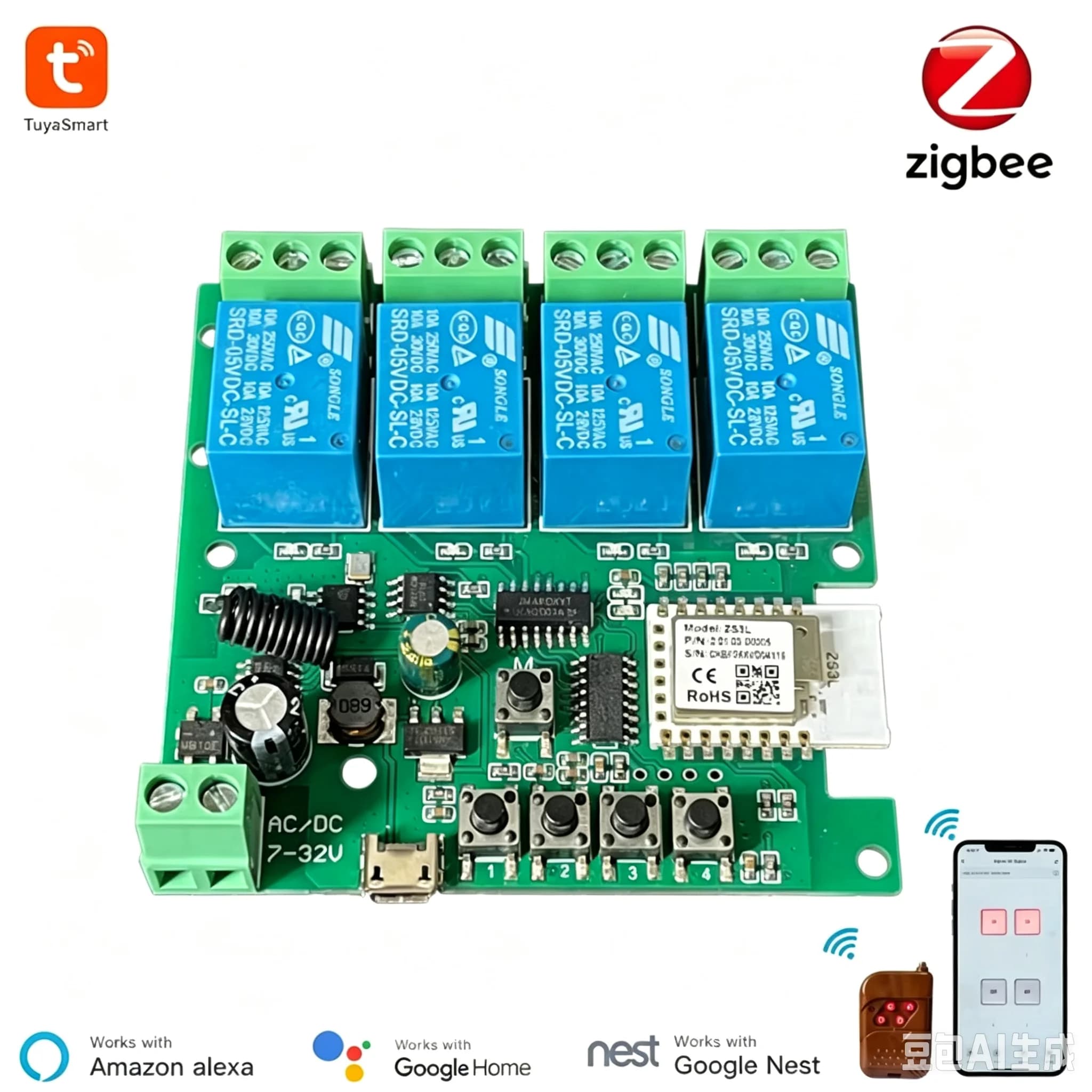 Module d'interrupteur Zigbee 4 canaux Smart Life avec interrupteur Zigbee RF433 5-32V, compatible DIY avec Alexa, application Tuya et télécommande