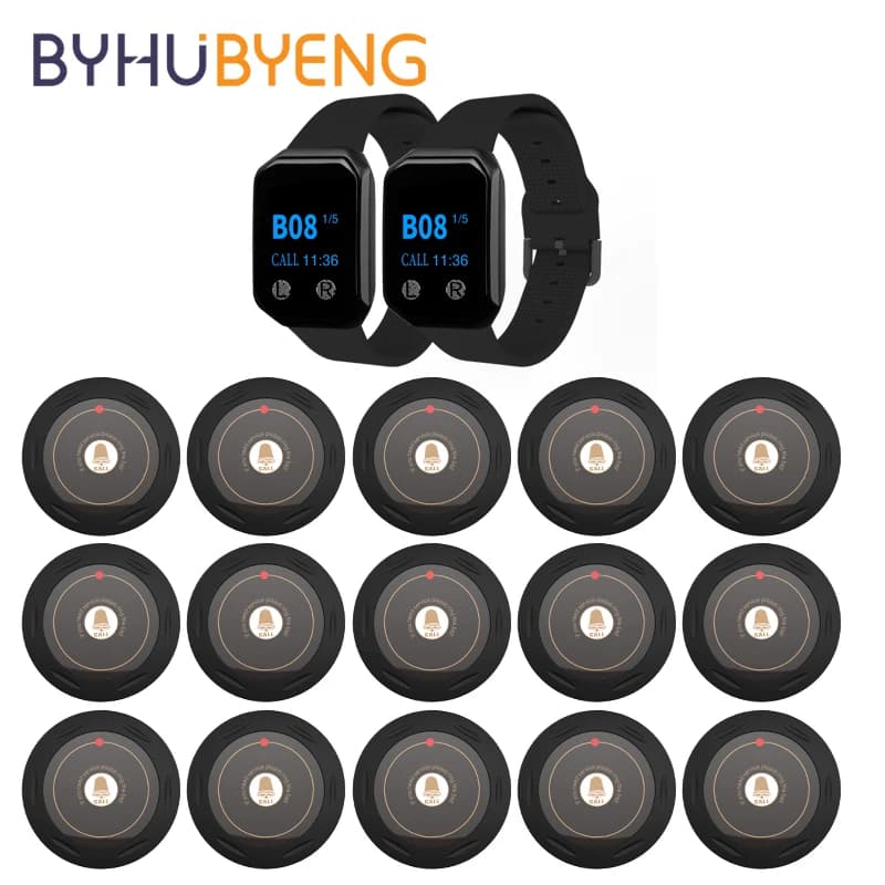 BYHUBYENG Restaurant téléavertisseur 2 pièces montre récepteur 15 pièces bouton d'appel émetteur sans fil serveur système d'appel usine café
