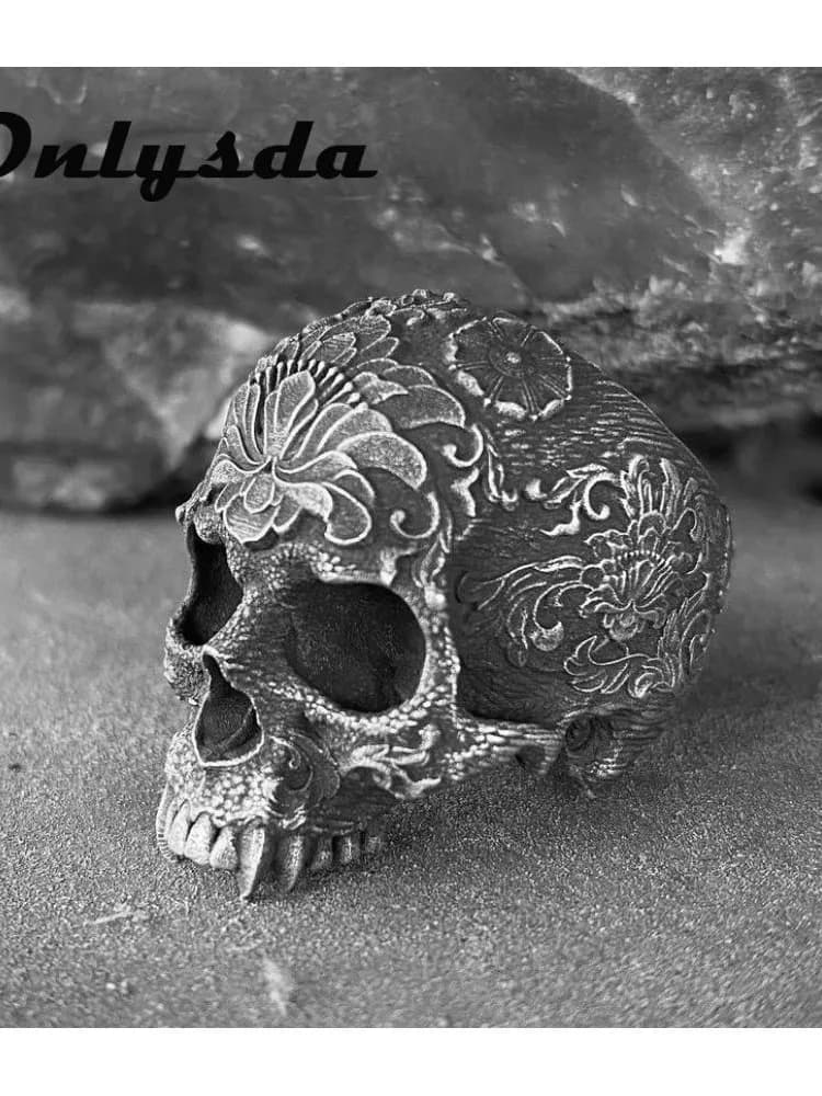 Bague Unique en acier inoxydable 316L pour hommes, couleur argent, crâne de sucre lourd, fleur de Mandala, bijoux de motard Santa Muerte