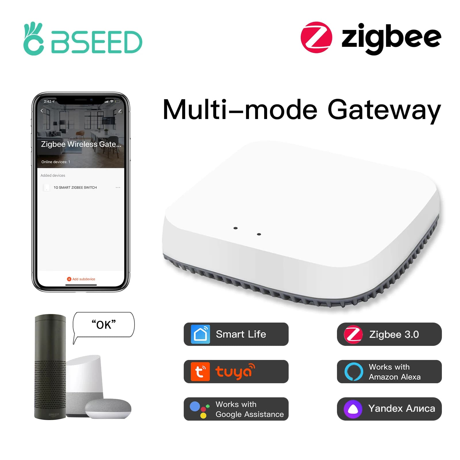 BSEED Zigbee Gateway, commutateur intelligent sans fil, compatible avec l'application Tuya Smart Life, Google Alexa
