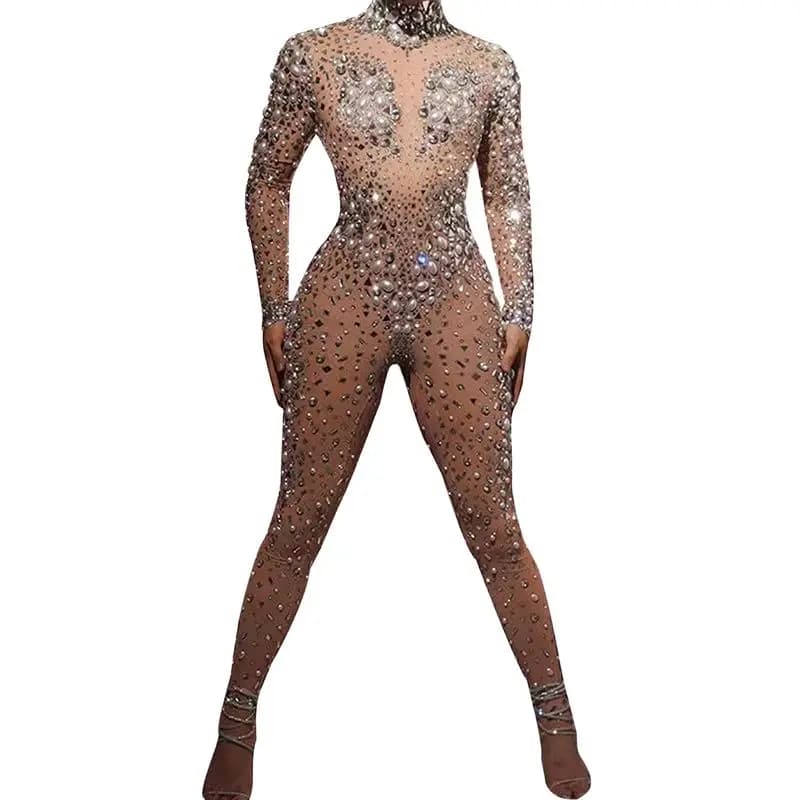 Combinaison sexy pour femme en strass et perles de cristal, en Spandex, pour soirée, boîte de nuit, anniversaire, pole dance, costume de scène pour chanteuse