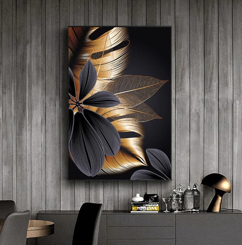 Peinture d'art nordique pour la décoration de salon, affiche de toile de cuir chevelu de plante noire et dorée, impression moderne, décor à la maison, mur abstrait