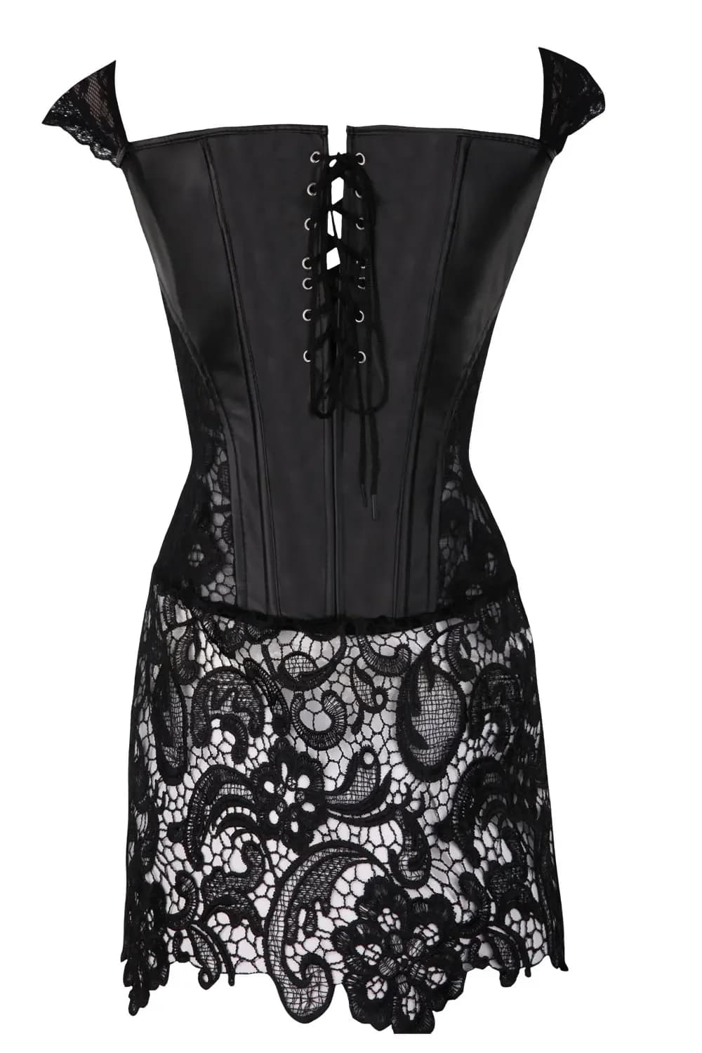 Robe Bustier en Faux Cuir avec Corset Noir, Fermeture Éclair au Dos, Bretelles, Push Up, Overbust, Jupe en Dentelle Steampunk, Lingerie Grande Taille