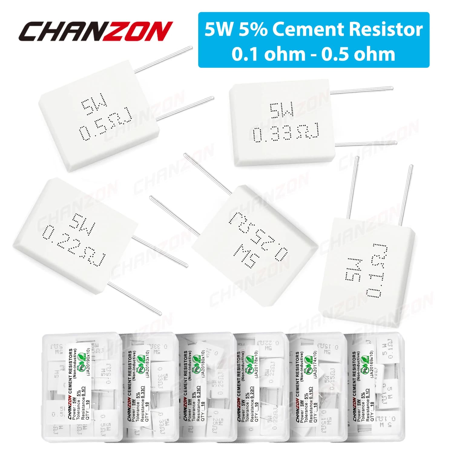 Résistances transporteurs inées en ciment, 10 pièces, 5W, 5%, 0.1, 0.15, 0.22, 0.25, 0.33, Ohm R, 5Watt, partenaires non inductifs, transporteurs inée en céramique
