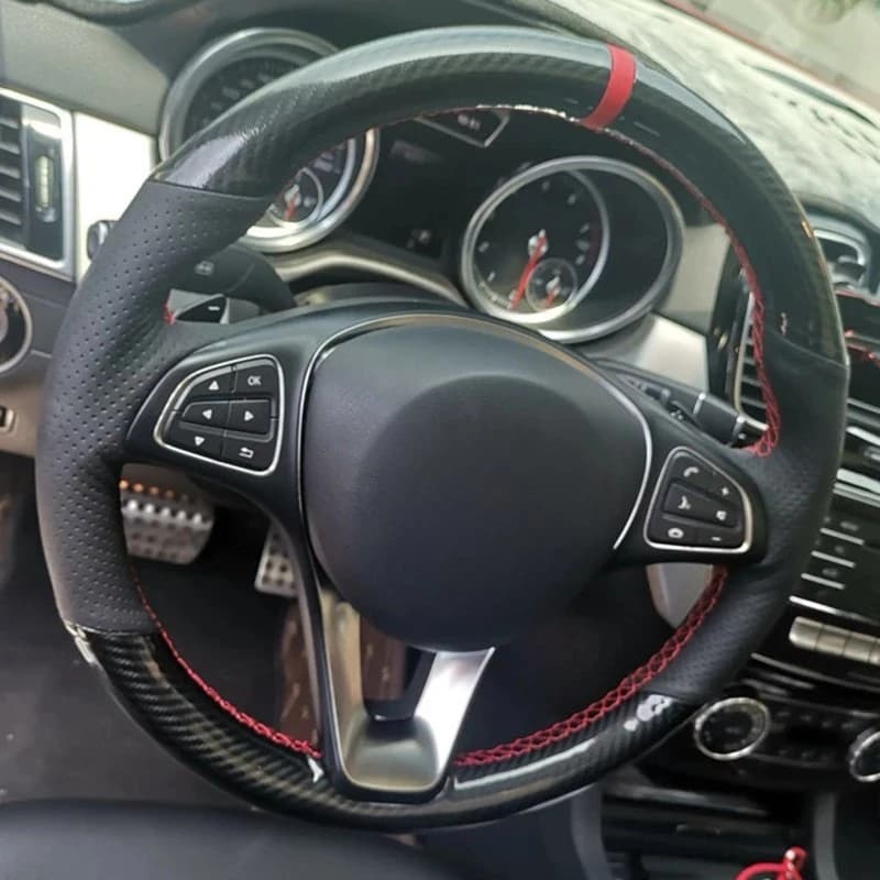 Housse de volant de voiture en cuir véritable noir souple, cousue à la main, en Fiber de carbone, pour mercedes-benz W176 A180 A200 B180 B200