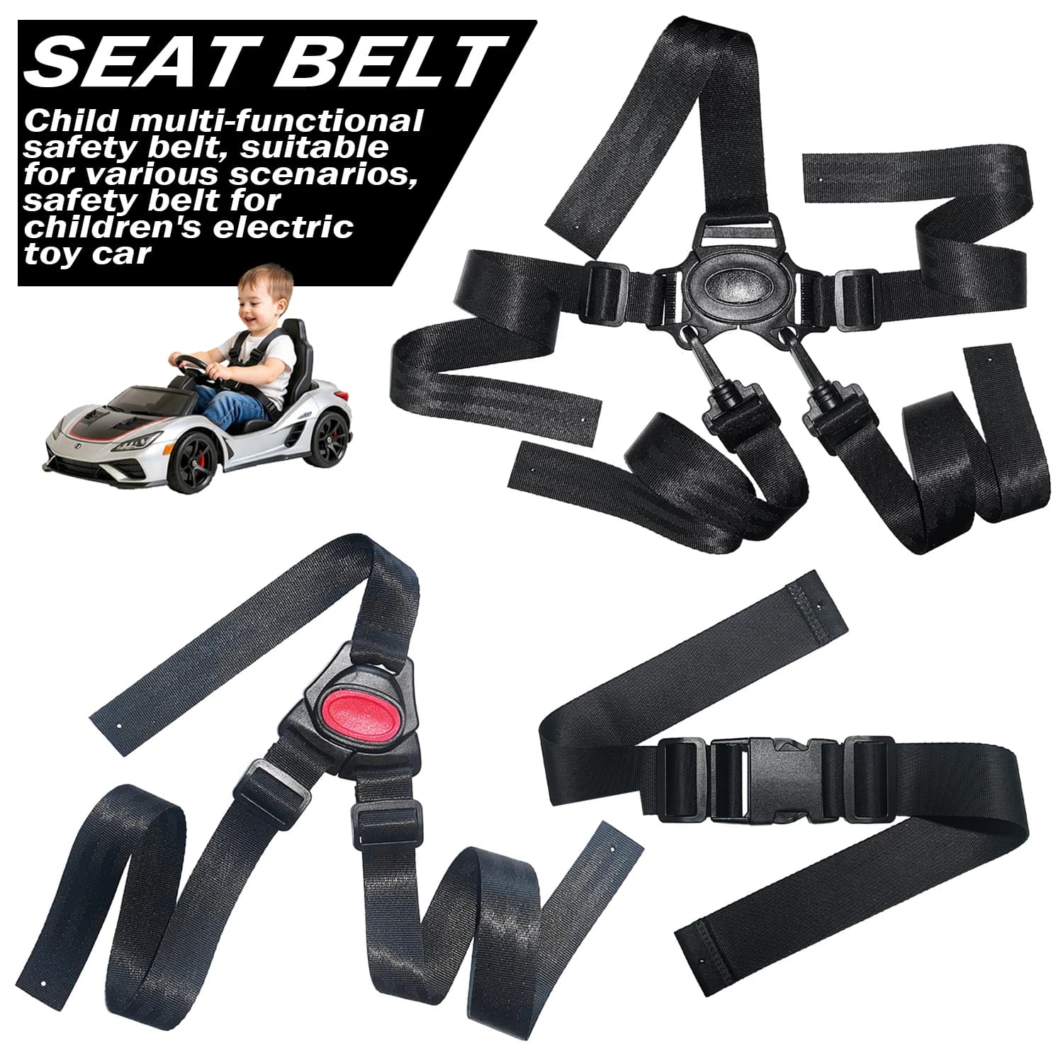 Poussette électrique pour enfants, ceinture de sécurité à cinq points, accessoires de voiture, roues puissantes, jouets pour enfants