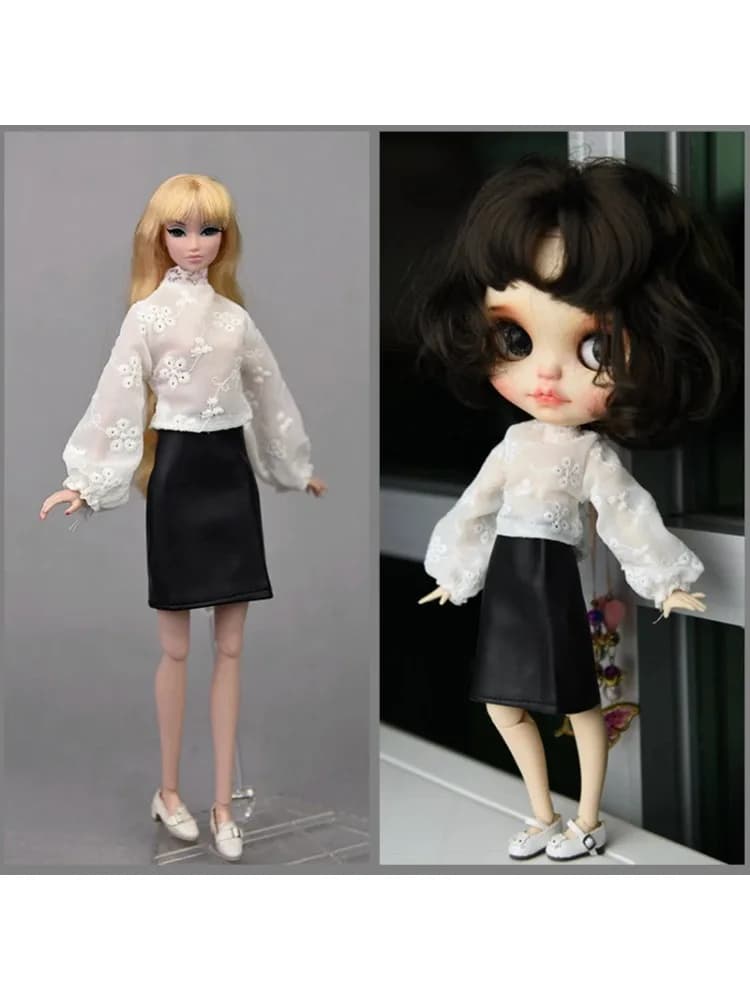 Chemise à manches longues bouffantes et jupe en cuir pour Barbie, ensemble de vêtements à la mode, tenues pour Blythe Butter House, accessoires de jouets BJD, 1/6