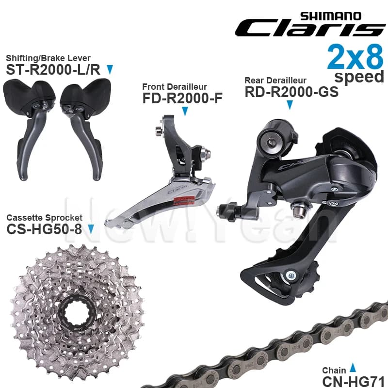 Groupe de transmission SHIMANO CLARIS R2000 2x8 vitesses ST-R2000 FD-R2000 RD-R2000 et cassette CS-HG50-8 chaînes CN-HG71 d'origine