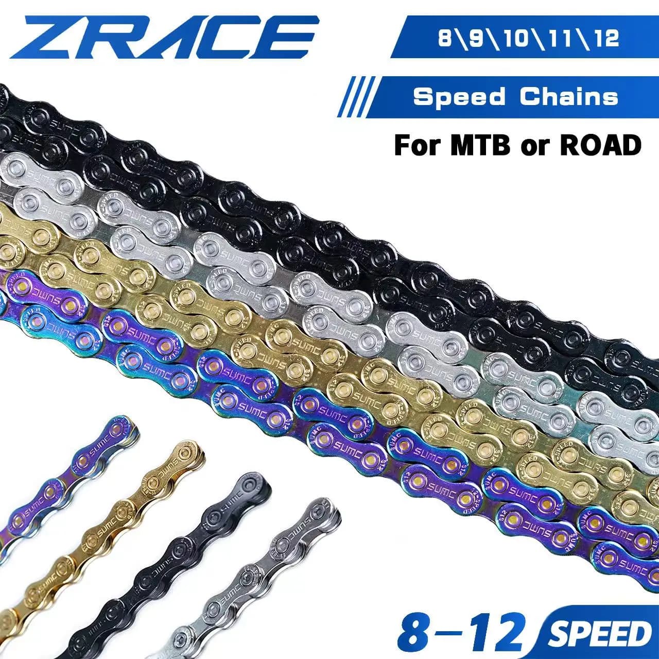 Chaîne de vélo ZRACE 8 9 10 11 12 vitesses VTT, couleur néon, argent, noir, or, 114/120/126L