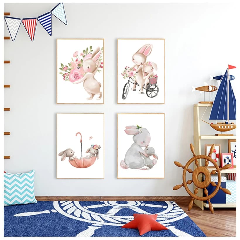 Affiche murale avec lapin pour chambre de bébé fille, peinture sur toile, fleurs roses, image de dessin animé, art mural, impression d'animaux, personnalisé