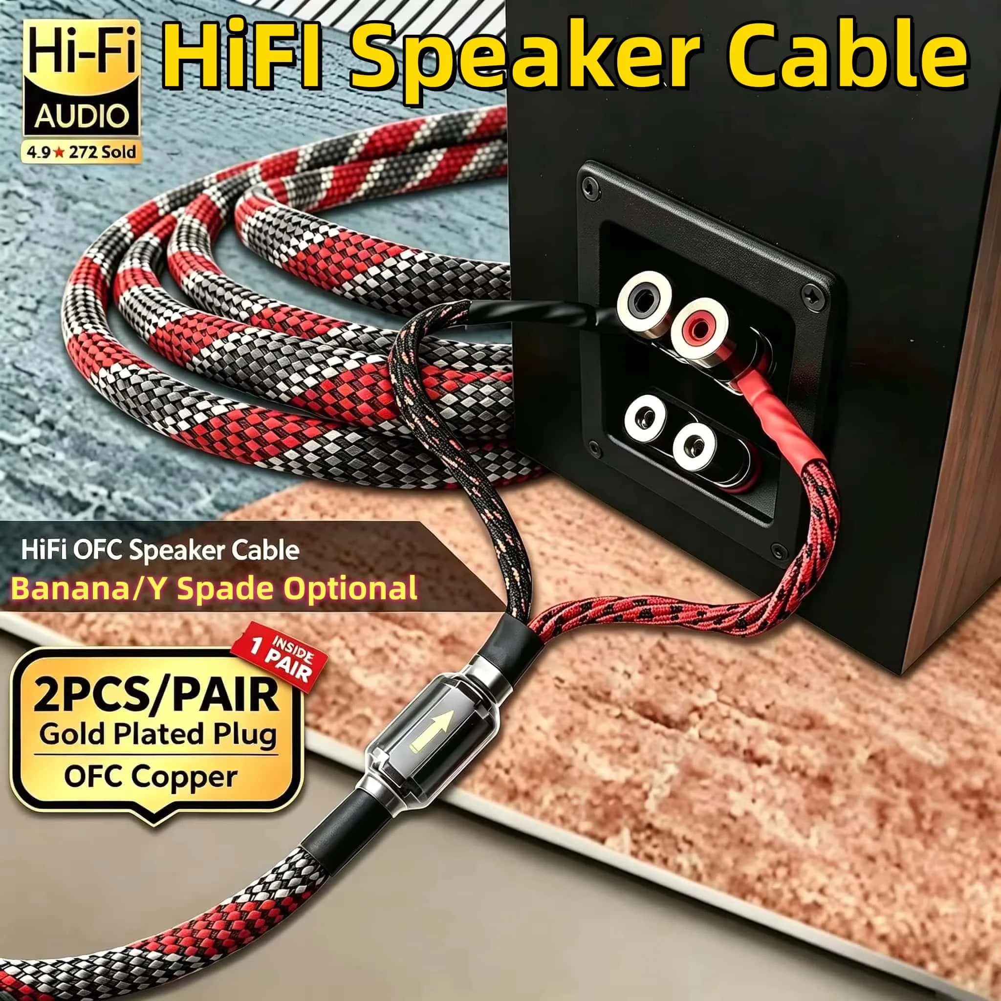 Câble de haut-parleur plaqué or OFC, 1 paire de fiches banane, 1m-5m, câble de haut-parleur tressé HiFi audiophile pour amplificateur de cinéma maison