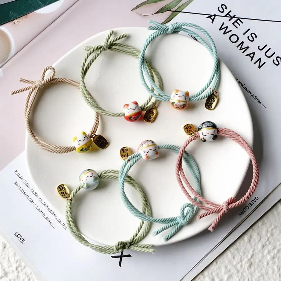 Bandes de cheveux en céramique chat porte-bonheur, corde élastique, bande en caoutchouc, anneau de cheveux, bijoux # MZ203