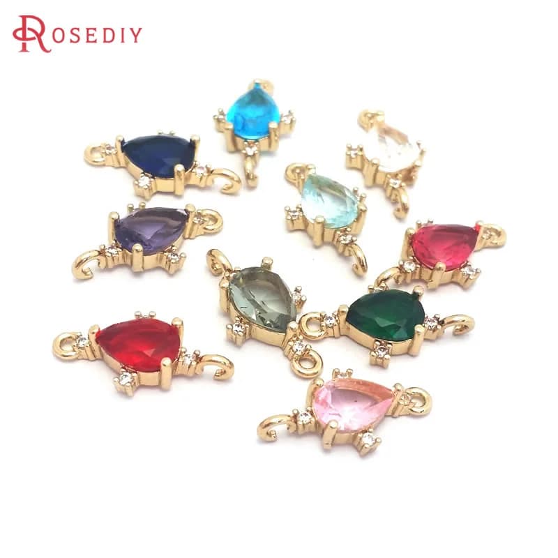 10 pièces de haute qualité, couleur or 18 carats, en laiton et verre zircon, avec 2 trous, pendentifs en forme de goutte, accessoires pour la fabrication de bijoux.