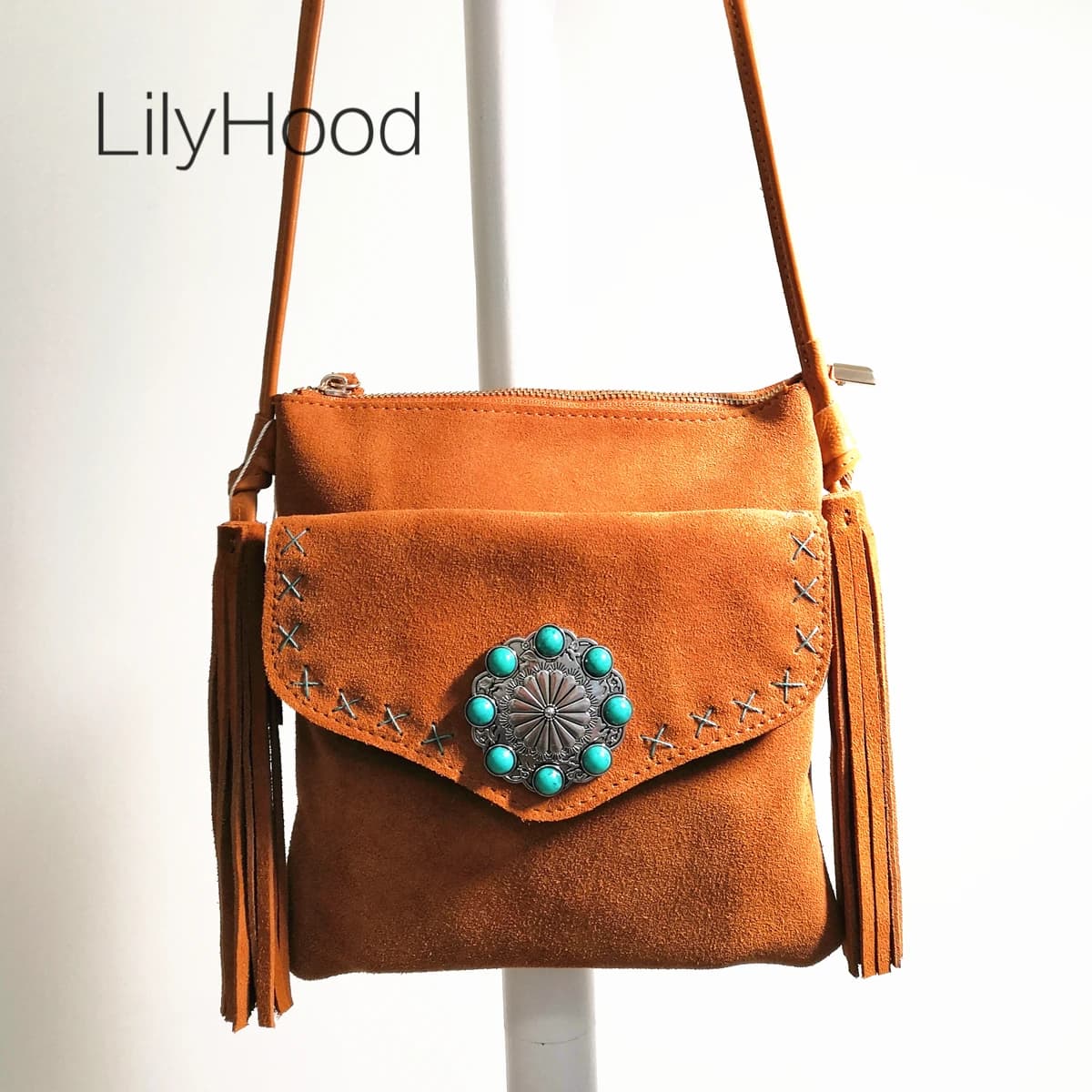 Sac à main en cuir suédé véritable pour femmes, pochette en poudre bohème, chic bohème, gypsy hiphelicopter tribal ethnique Ibiza, petite taille, sac latéral pour téléphone