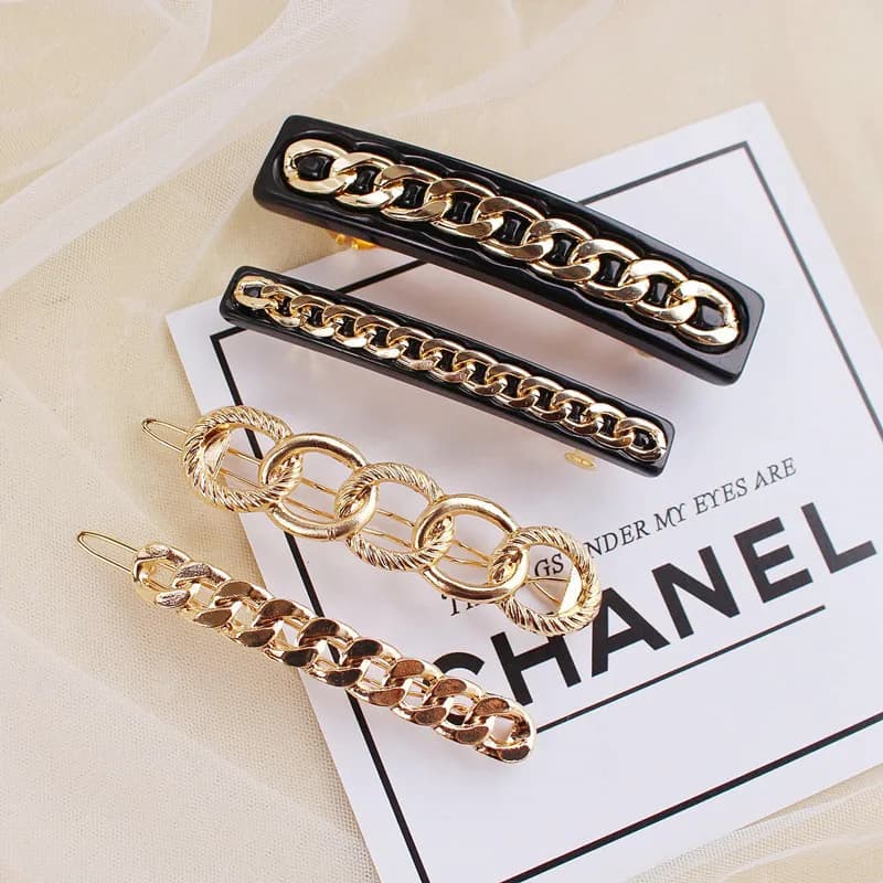 Barrette en acrylique avec chaîne en métal pour femmes, pince à cheveux, accessoires géométriques, couleur or, offre spéciale