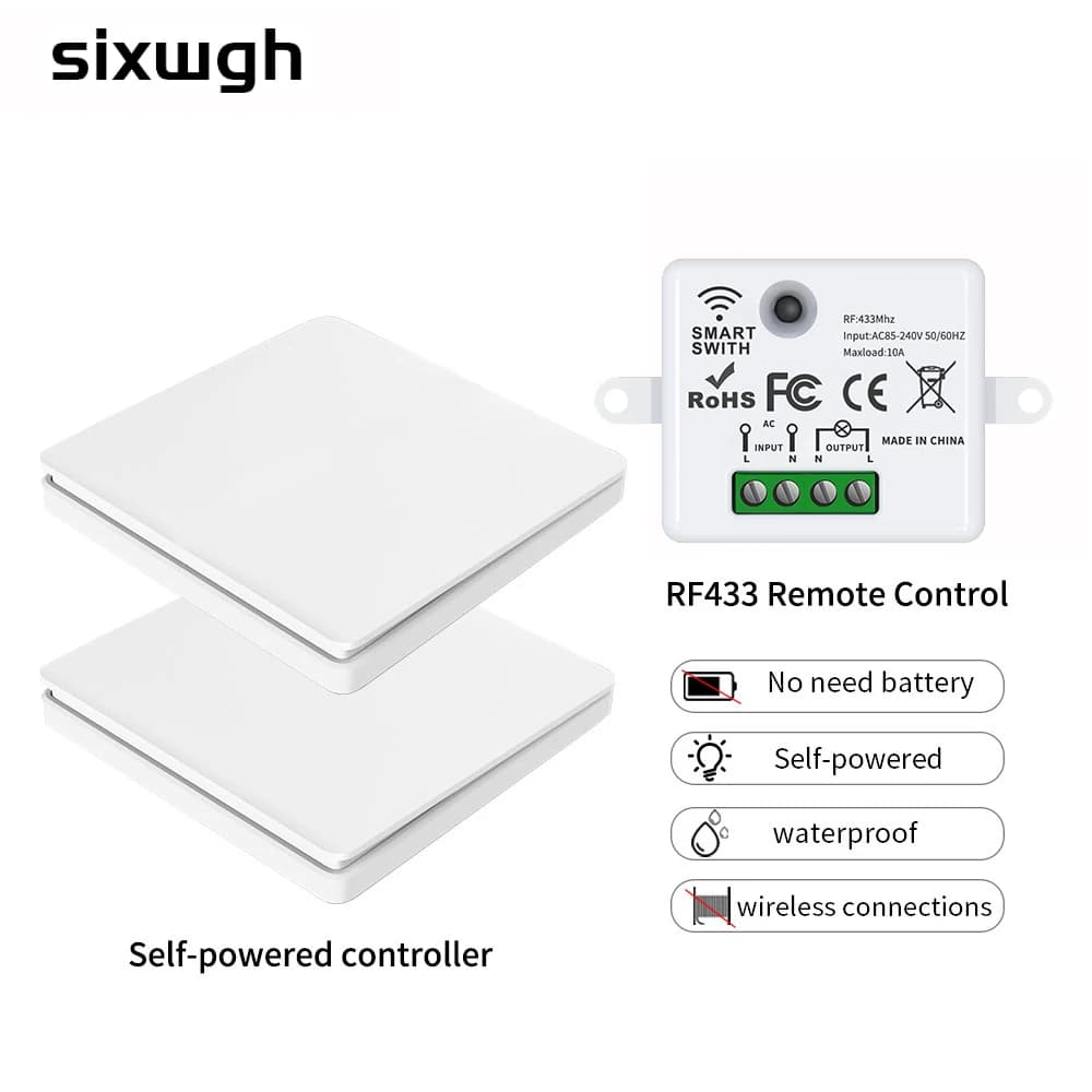 SIXWGH – Interrupteur Mural Intelligent Sans Fil, rf433 mhz, Panneau Mural Auto-Alimenté avec Bouton Poussoir, Télécommande, Interrupteur d'Éclairage Étanche