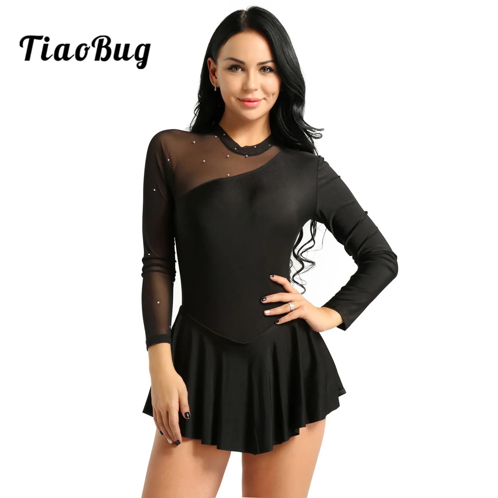 Femmes adulte à manches longues robe de patinage artistique brillant strass maille transparente Tutu Ballet gymnastique danse justaucorps robe Dancewear
