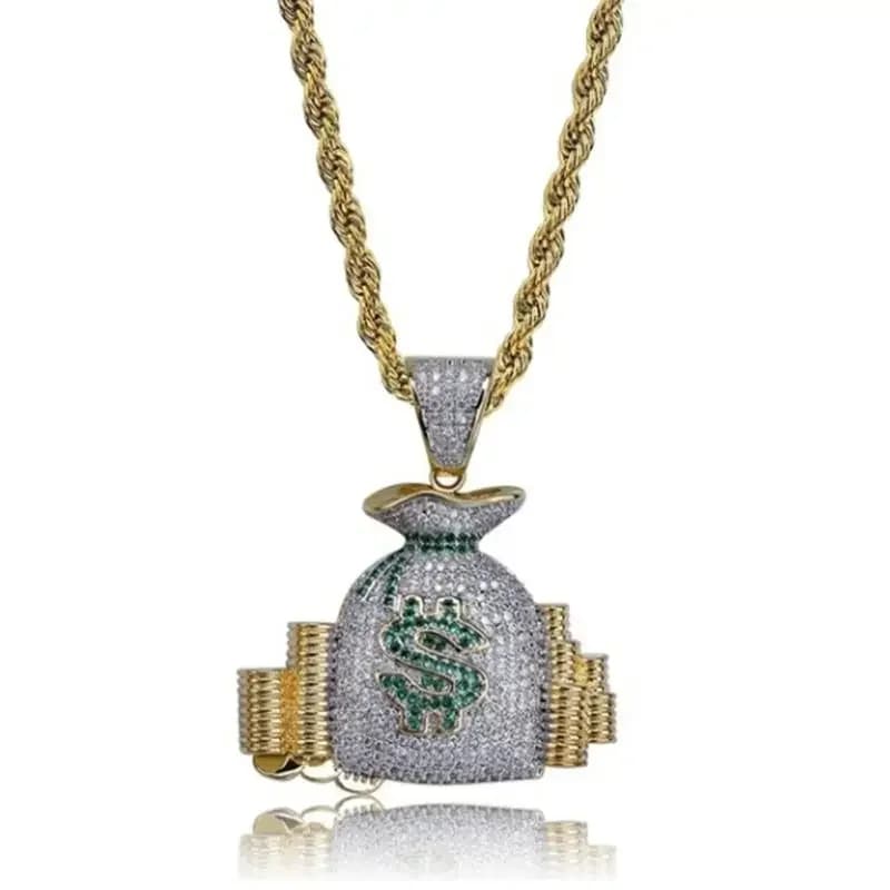 Hip Hop Ice Out Dollar sac d'argent collier brillant cubique zircone portefeuille pendentif pour hommes femmes Hip Hop Rock Rap Cool bijoux