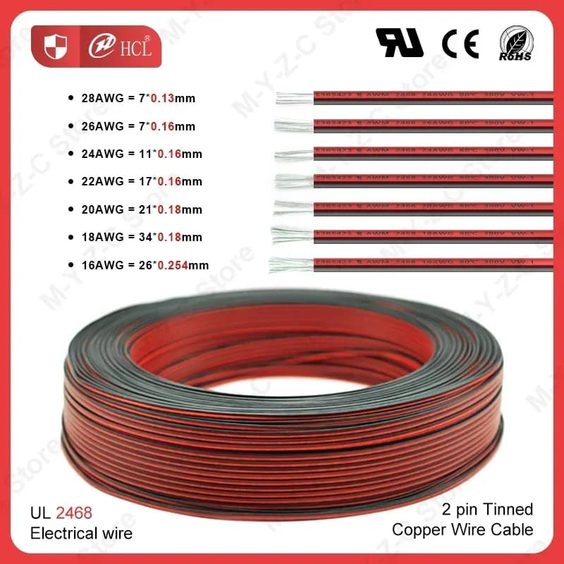 Câbles électriques à 2 broches, 5m-100m, UL2468 28/26/24/22/20/18/16 AWG, câble rouge et noir, fil de haut-parleur pour Audio de voiture LED, connecteur JST 12V