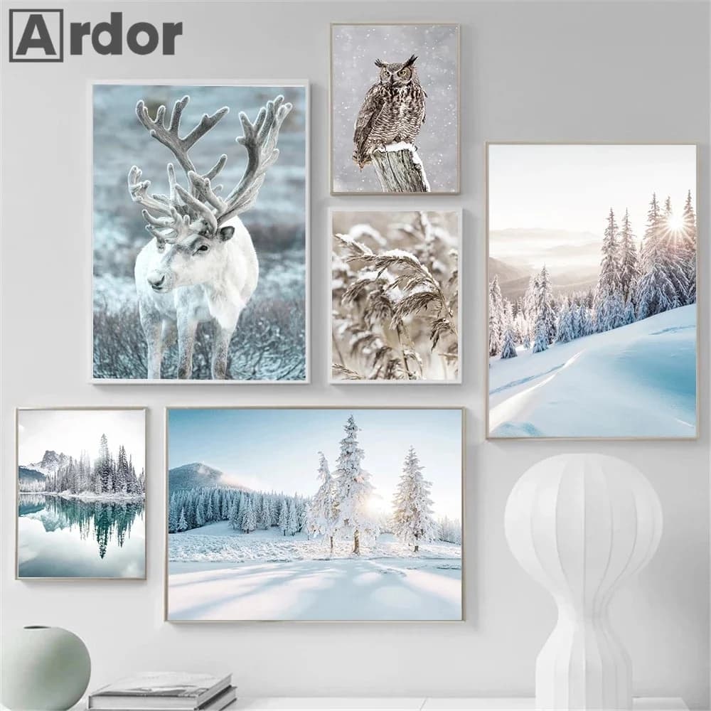 Toile d'art mural avec cerf, forêt, fleur, lac, neige, hibou, paysage d'hiver, affiches et imprimés nordiques, images murales, décoration de maison