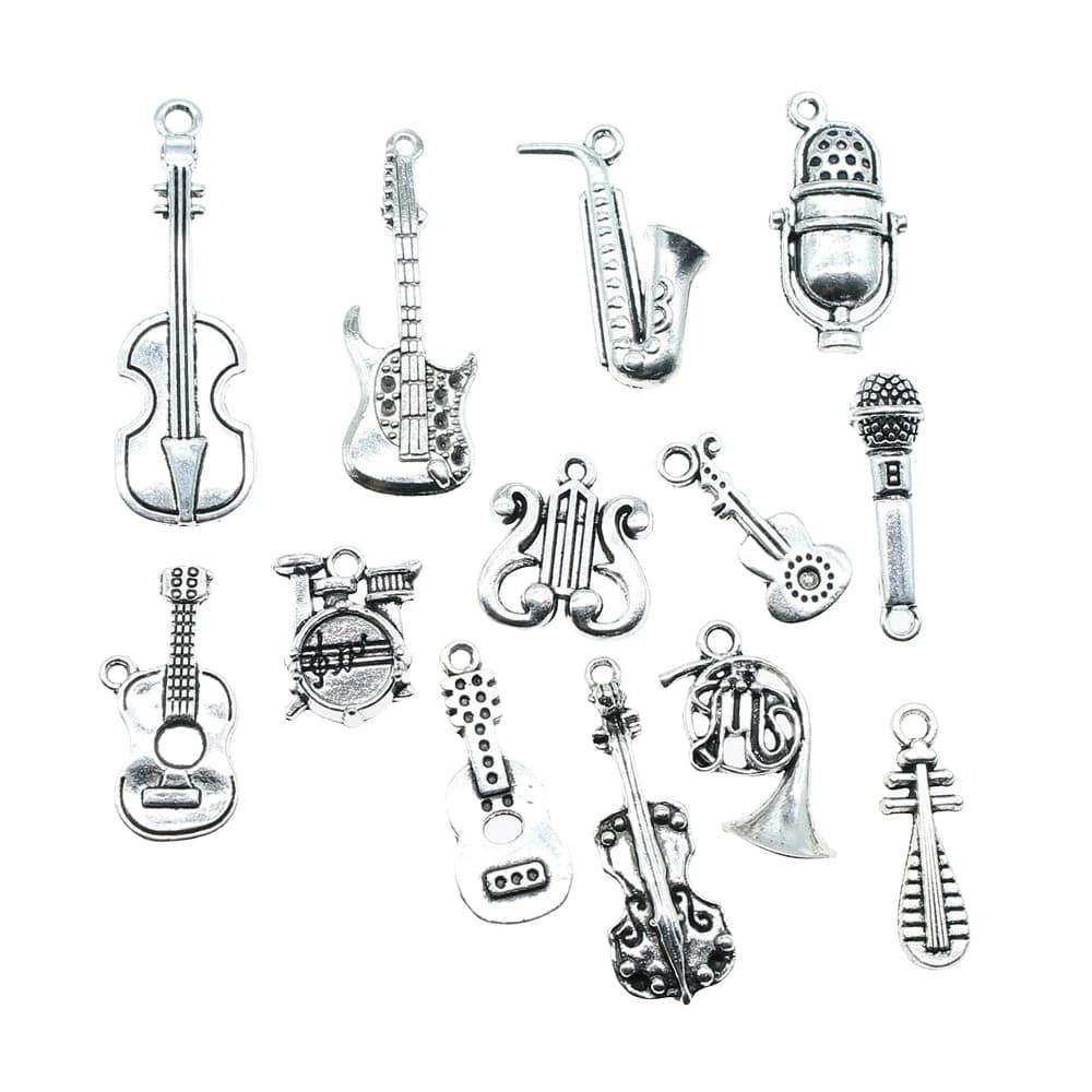 Breloques pour Instrument de musique, antiques, couleur argent, guitare, Microphone, violon, corne française, pour la fabrication de bijoux, 10 pièces