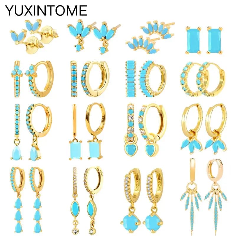 Boucles d'oreilles en argent 925 pour femmes, aiguille Turquoise, Style INS, fleur exquise, cristal bleu, Piercing, Huggie, bijoux