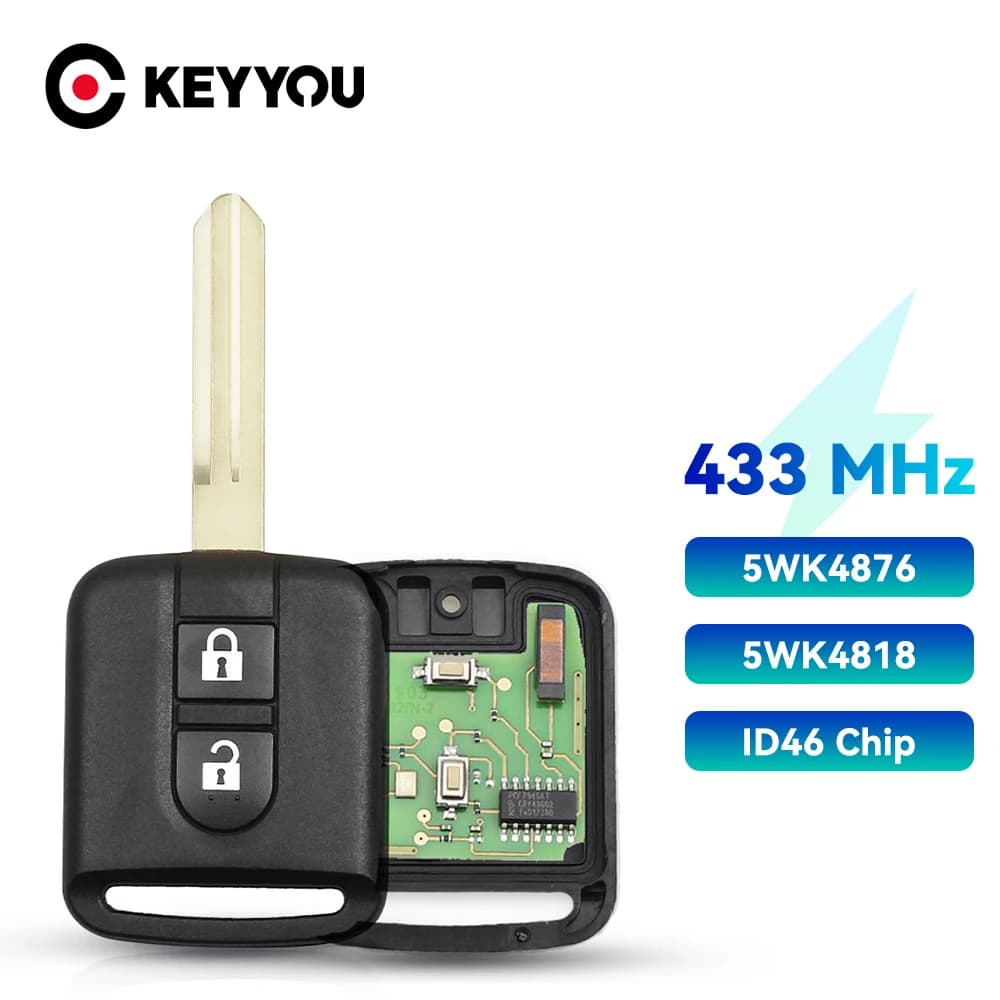 EllYYOU Clé de voiture à distance pour Nissan Elgrand X-TRAIL Qashqai Navara Micra Note NV200 5WK4 876/ 818 433MHz ID46 Clé à puce 2 boutons