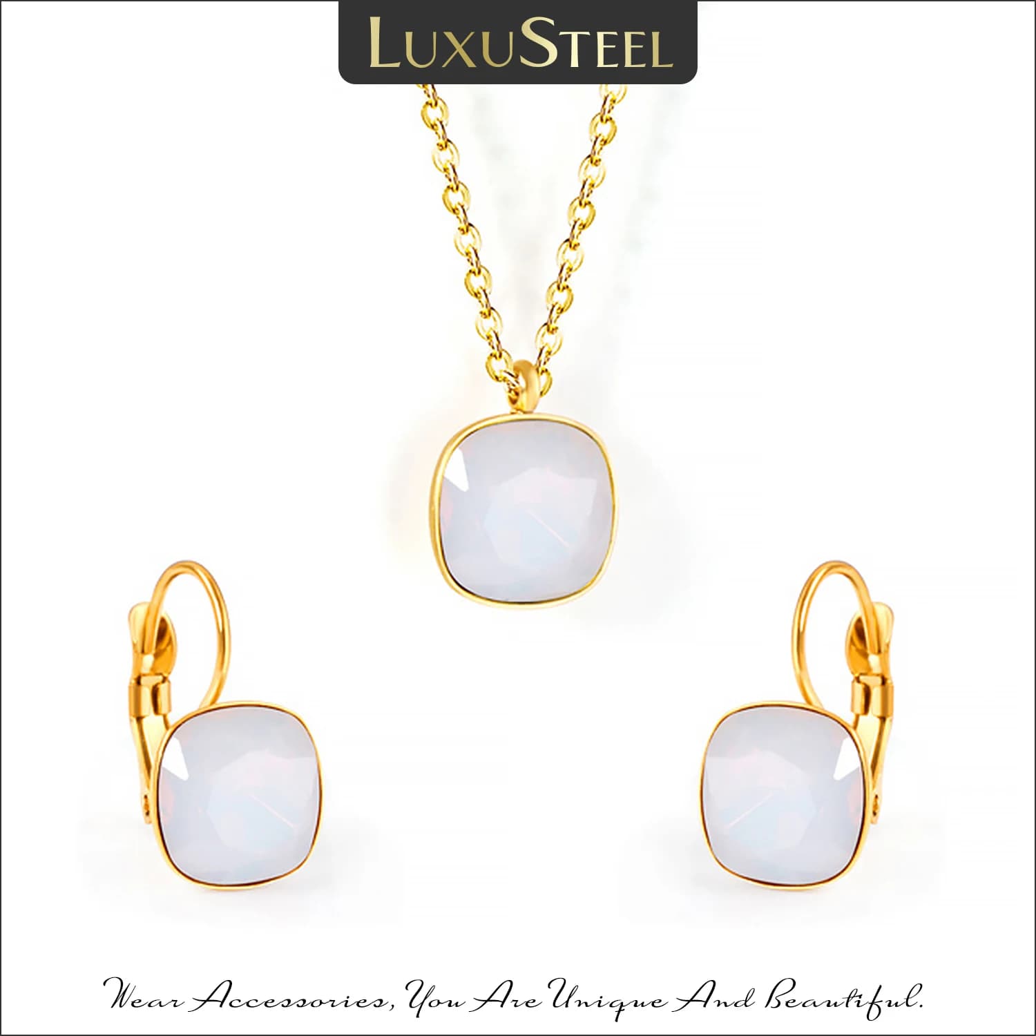 Ensembles de Bijoux de luxe en zircone, Bijoux de mariage, pendentif géométrique en acier inoxydable, collier, boucles d'oreilles, Bijoux de fête