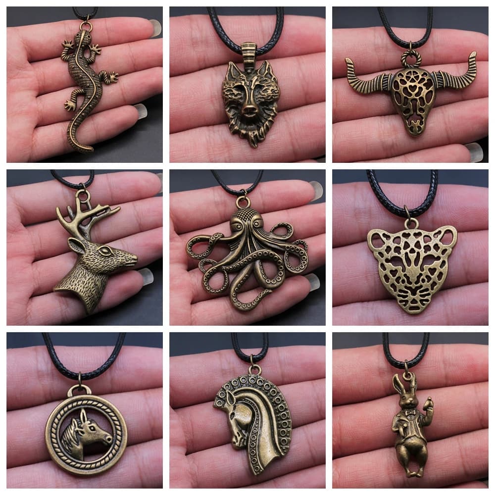 Collier en cuir noir Animal, éléphant loup Dragon cheval Gecko lézard, pendentif pour femmes hommes garçons filles